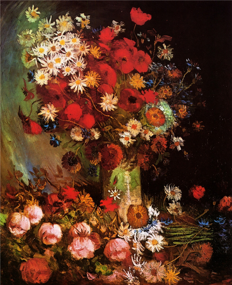 Vase With Poppies, Cornflowers, Peonies And Chrysanthemums